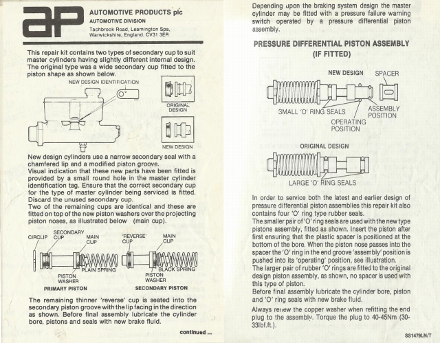 MGB master cylinder leaflet