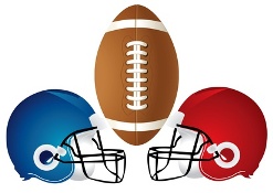 Football, blue helmet and red helmet