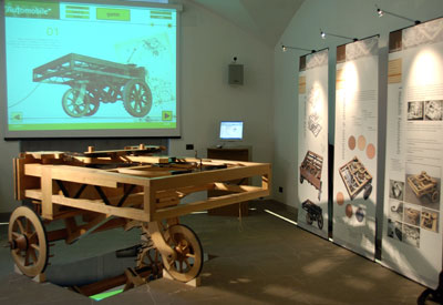A working model of Leonardo Da Vinci's car on display at the Museum of the History of Science in Florence, Italy. This model, based on sketches drawn by L­eonardo, is considered by some to be the world's first self-propelled wagon.