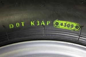 Tire manufacture date is listed as a 4 digit code at the end of the DOT number. The first two numbers are the week of the year they were manufactured, the second two numbers are the year they were manufactured. Photo Credit: RecStuff.com