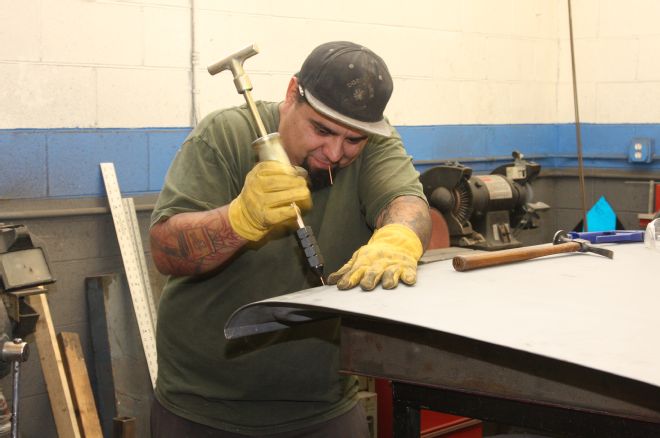 1961 Ford Sunliner Hemmer Pulling Panel Into Place