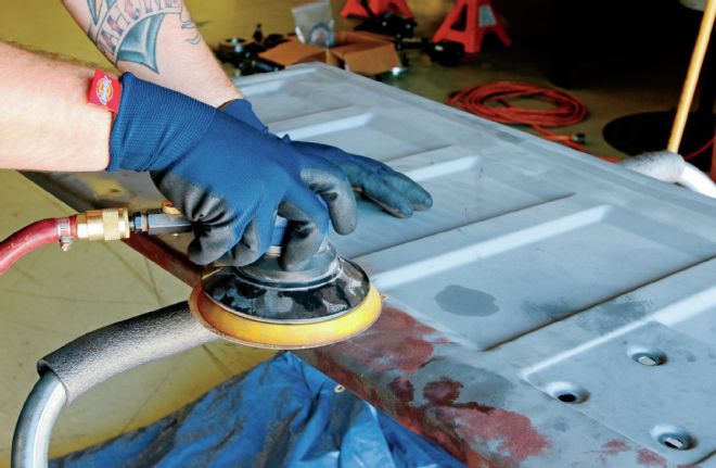 Chevrolet C10 Palm Sanding Off Surface Rust Hand Prints On The Tailgate