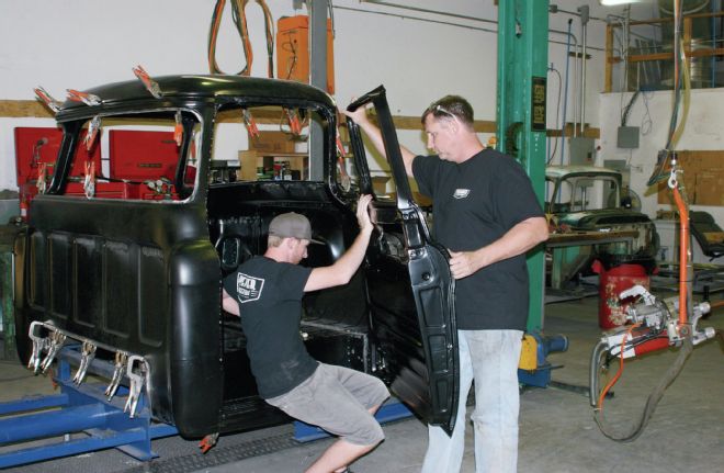 Premier Street Rods 1955 1959 Chevrolet Cab Len Holding Door As Ross Connects It To The Door