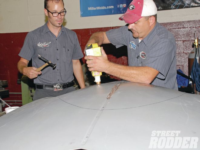 17 1951 Ford Shoebox Hood Modification Metal Shrinking