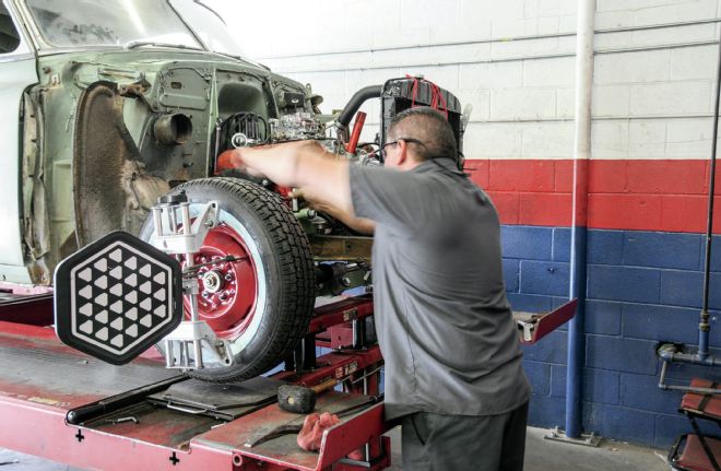 1951 Chevrolet Deluxe Coupe Technician Checking Alignment