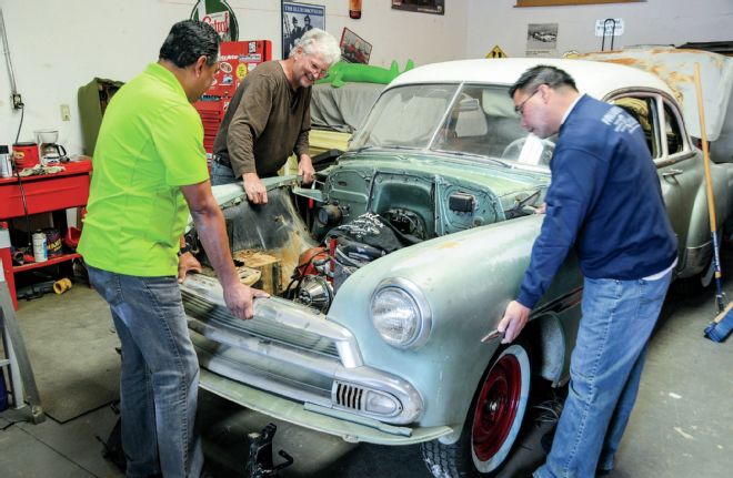 1951 Chevrolet Deluxe Coupe Positioning Front End Assembly On Chassis