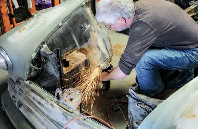 1951 Chevrolet Deluxe Coupe Front End Assembly Trimming Excess With Cut Off Wheel