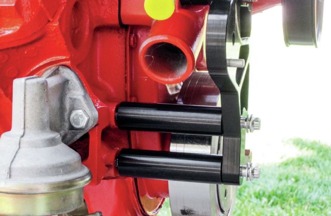 Small Block Chevy Engine Belt Tensioner Bracket Installed On Pump Studs