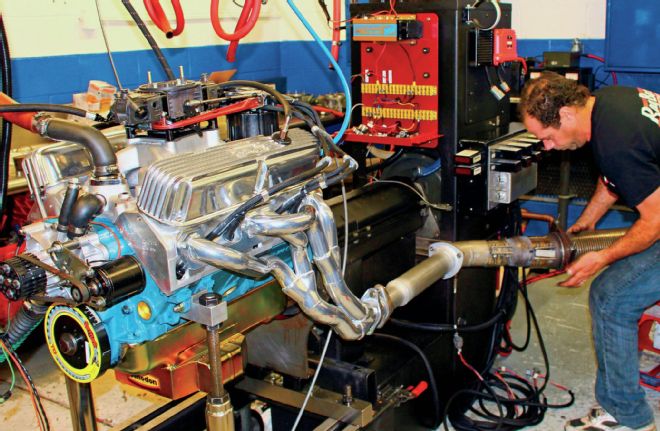 340 416 Combo Engine Connecting Dyno Exhaust To A Set Of Schumacher Tri Y Headers