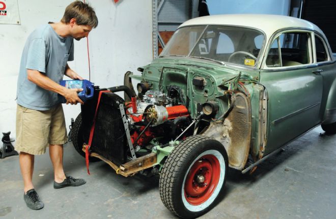 1951 Chevrolet Deluxe Coupe Strapping In Re Cored Radiator