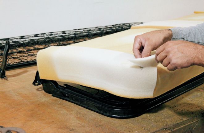 Chevrolet C10 Bench Seat Base Foam Plus Half Inch Foam End Piece Folded Over The Side And Trimmed