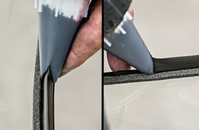 V Cut Tip Urethane Glue Gun Applying Glue To Window Glass Edge