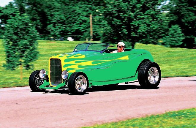 Classic Roadster Green With Yellow Flames Driving