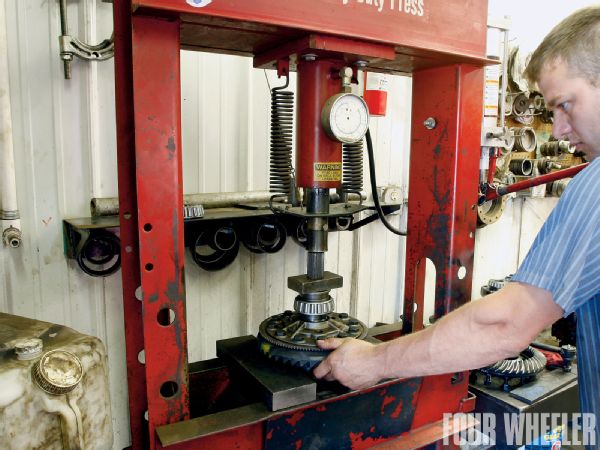 A 40-ton press was used to press on all of the carrier bearings and the pinion bearing. The primary concern here is to make sure the bearings are pressed all the way onto the carrier and pinion.