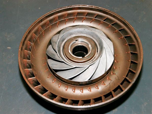 12. This picture shows the inside of the torque converter Wood installs with each high-performance transmission. This torque converter features furnace-brazed fins and bearings throughout to increase durability.