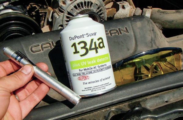 If your once fully functioning A/C system slowly warms up over a few days or weeks, chances are you have a small leak somewhere in the system where the r134A is escaping. You can use soapy water and a spray bottle to look for a leak on the system, or internally add some r134A with a specially die and use this funky little light and these yellow glasses to find the leak. The dye works its way out of the leak and the light and glasses make the area where the leak is light up like Tide detergent under a black light. In theory, this will make finding the leak easy. Again, be sure to avoid any leak dye with any A/C system leak sealer mixed in.