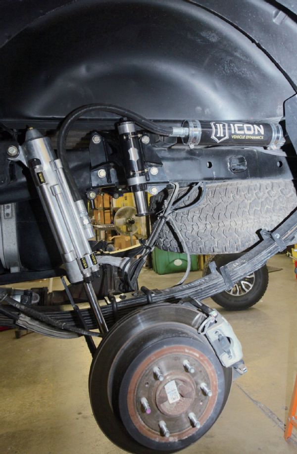 Unlike the stock bumpstop that hits the leaf springs the ICON bumpstop plate is attached to the axletube. Now the rear suspension is just as refined as the front. And gone is the stock’s tendency to harshly bottom out during big hits and possibly buck the truck to the side.