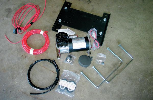 We ordered the optional Ride-Rite Air Accessory System (PN 2239). In addition to other components, the kit includes a 20 percent duty cycle compressor, compressor mounting bracket, hardware, and all the electric and pneumatic connections and fittings required to plumb it in the vehicle.