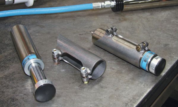 16. We sourced a set of 2-inch diameter, 3-inch travel Bilstein bumpstops and mount cans to halt our upward suspension travel. Each hydraulic bump contacts a pad on the lower A-arm.
