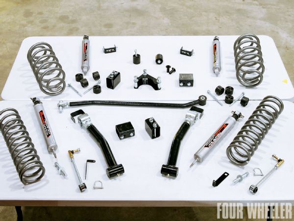 Here are the contents of the Rough Country X-Series 4-inch kit. The difference between this kit and the other WJ 4-inch kit offered by Rough Country is that this kit includes the X-Flex fully rebuildable control arms and an adjustable track bar.