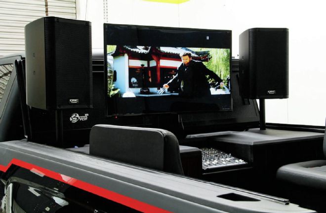 Tv Speakers And Mixing Table Installed In Bed