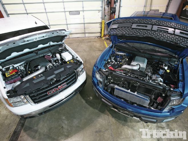 procharger Battle Ford Raptor Vs Gmc Sierra engine Bays